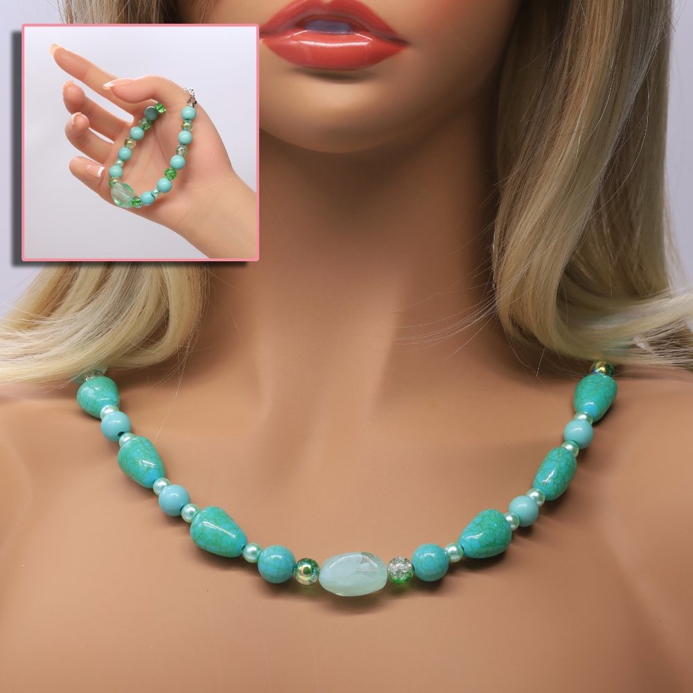 Teal Beads, Pearls & Turquoise 3 Piece Set, Necklace, Bracelet & Earrings. - Picture 1 of 7